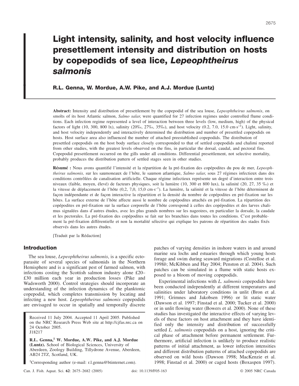 Light Intensity, Salinity, and Host Velocity Influence Presettlement Intensity and Distribution on Hosts by Copepodids of Sea Lice, Lepeophtheirus Salmonis