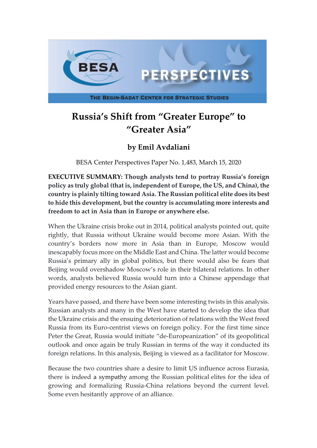 Russia's Shift from “Greater Europe” to “Greater Asia”