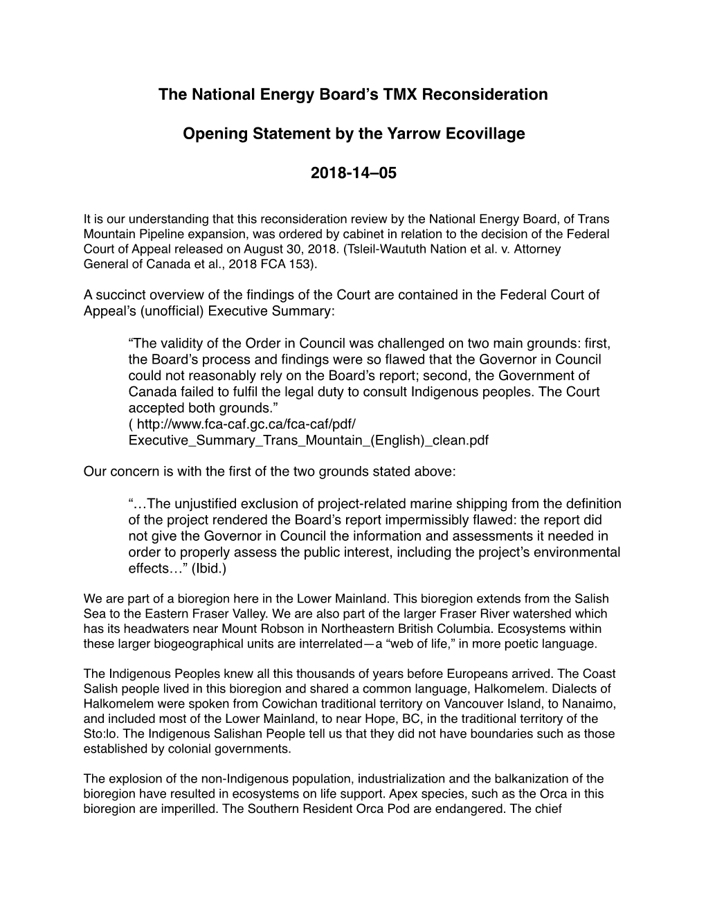 Yarrow Ecovillage Opening Statement NEB Re-Review Of