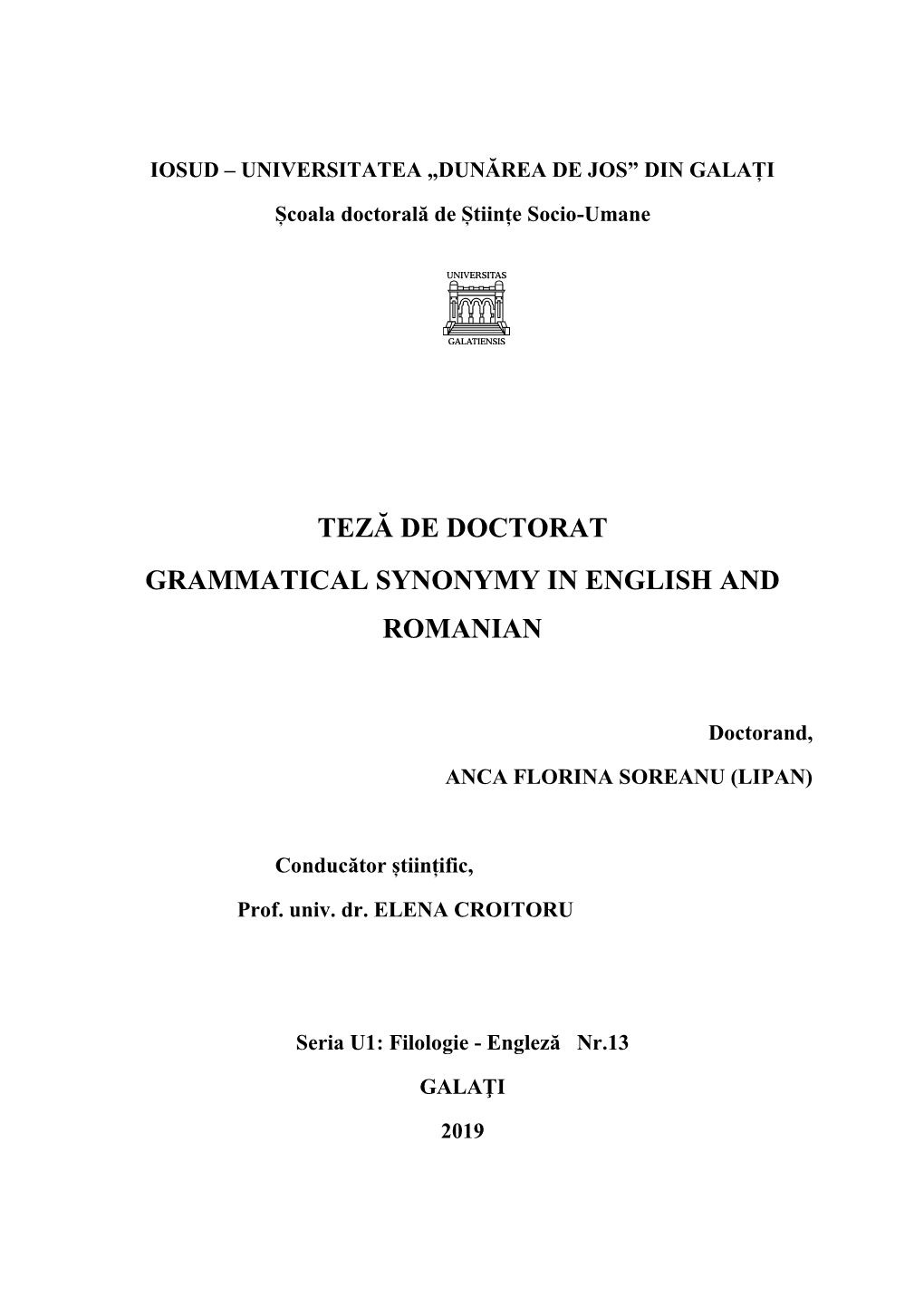 Teză De Doctorat Grammatical Synonymy in English and Romanian