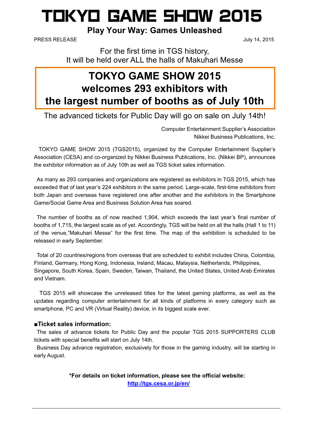 TOKYO GAME SHOW 2015 Welcomes 293 Exhibitors with the Largest Number of Booths As of July 10Th