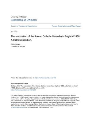 The Restoration of the Roman Catholic Hierarchy in England 1850: a Catholic Position
