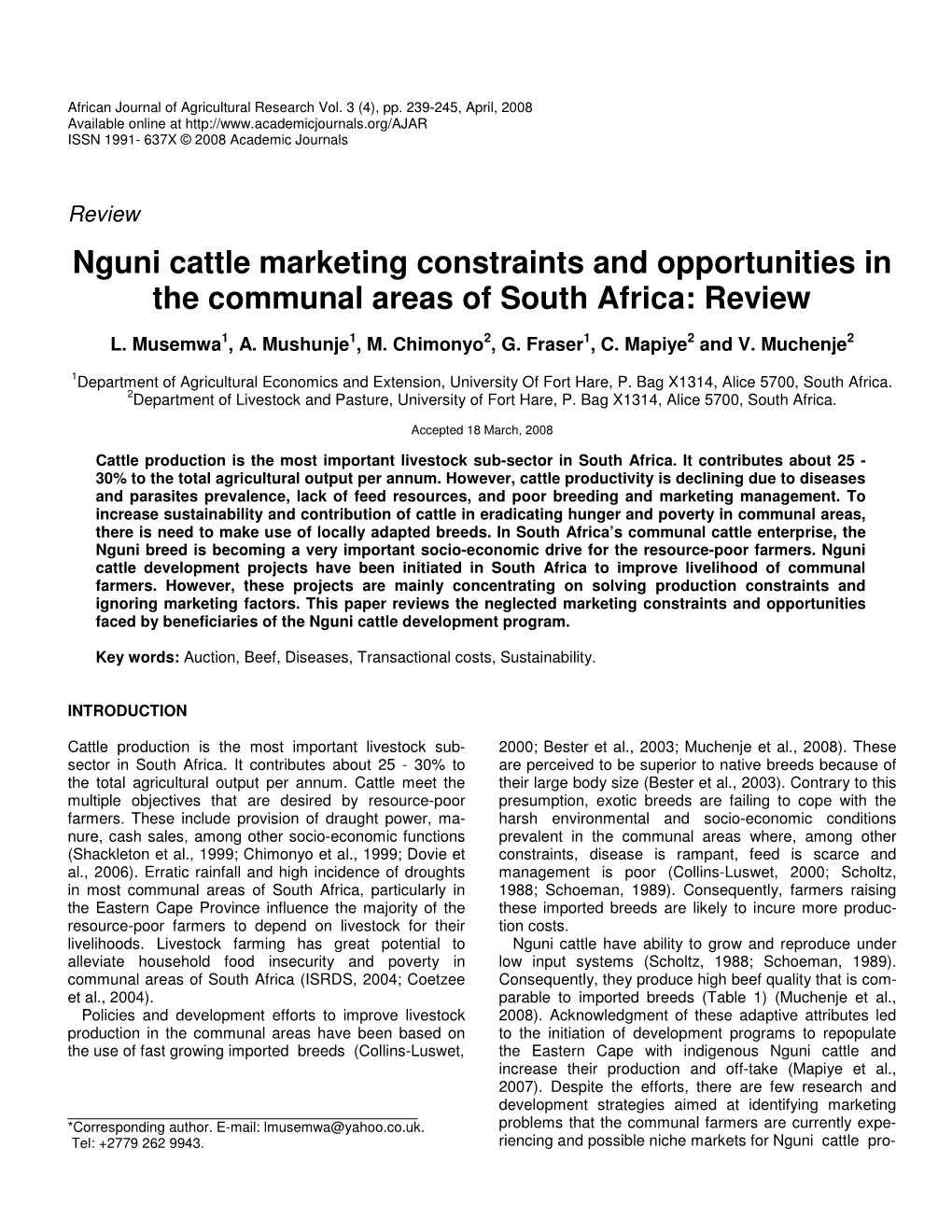 Nguni Cattle Marketing Constraints and Opportunities in the Communal Areas of South Africa: Review