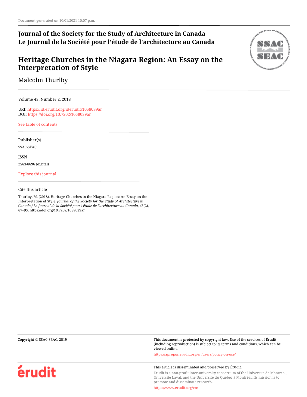 Heritage Churches in the Niagara Region: an Essay on the Interpretation of Style Malcolm Thurlby