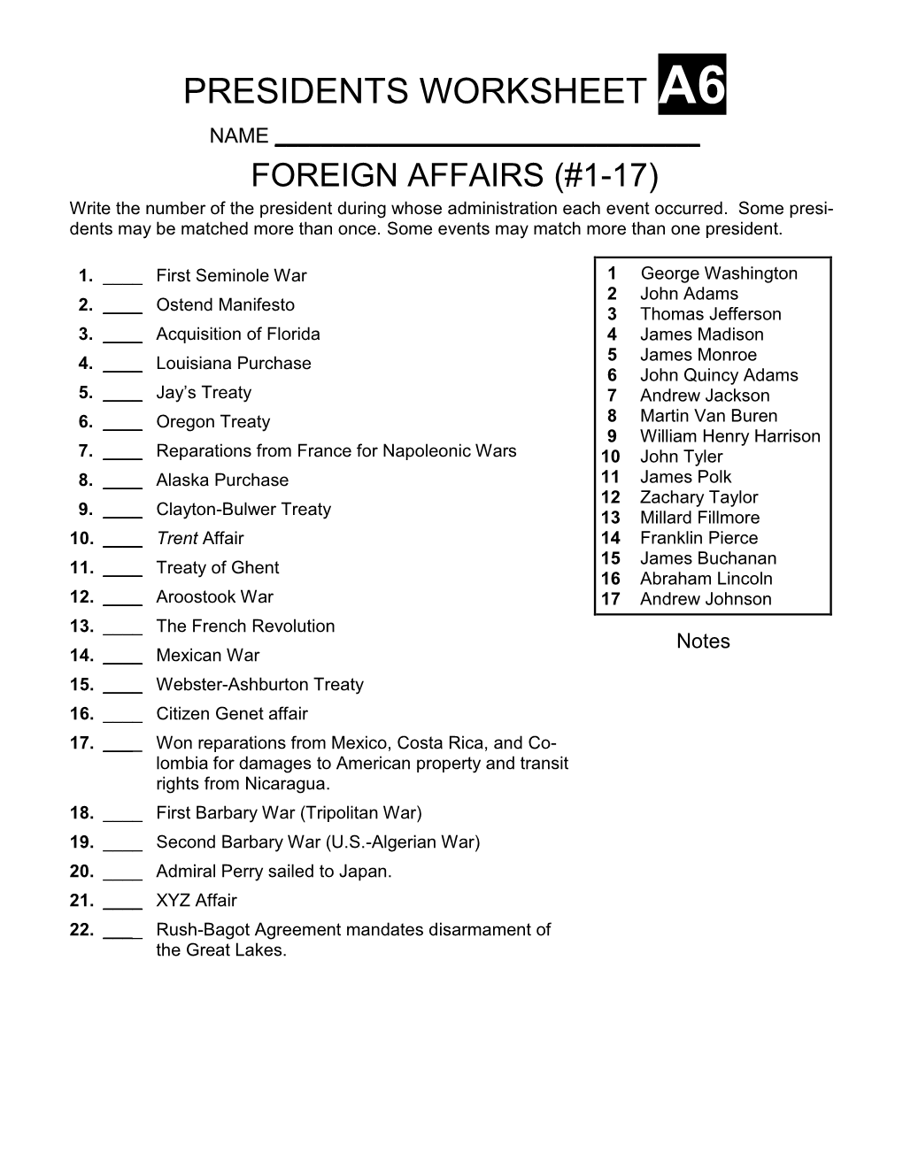 PRESIDENTS WORKSHEET A6 NAME ______FOREIGN AFFAIRS (#1-17) Write the Number of the President During Whose Administration Each Event Occurred