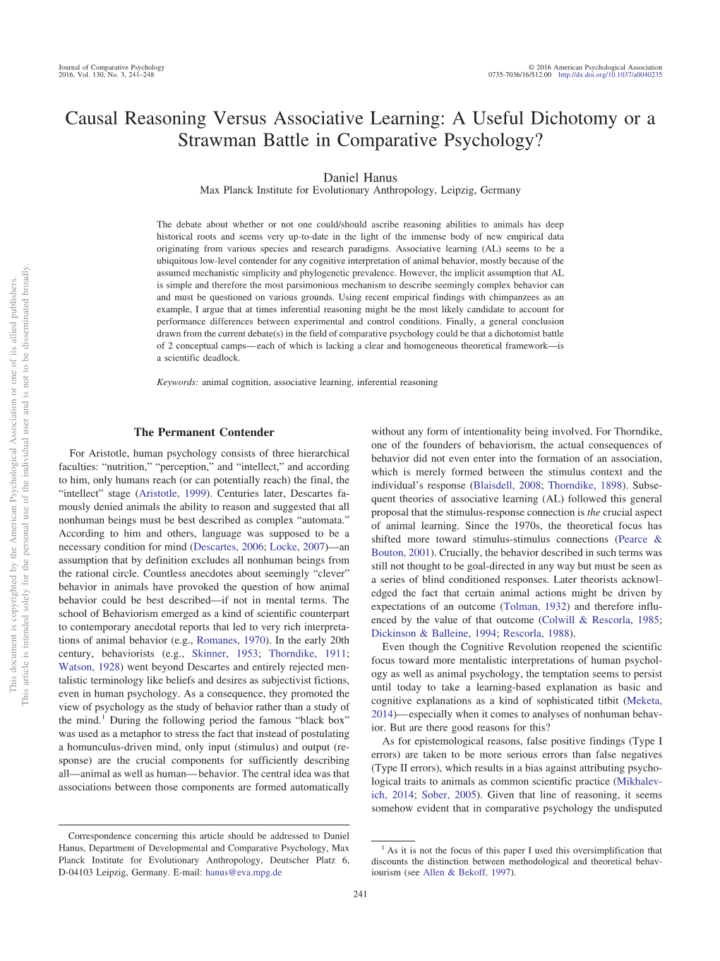 Causal Reasoning Versus Associative Learning: a Useful Dichotomy Or a Strawman Battle in Comparative Psychology?