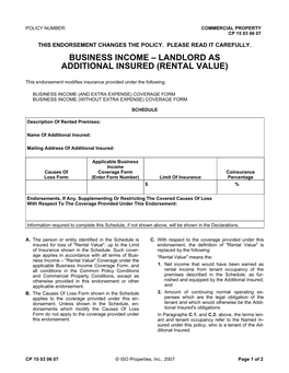 Business Income – Landlord As Additional Insured (Rental Value)