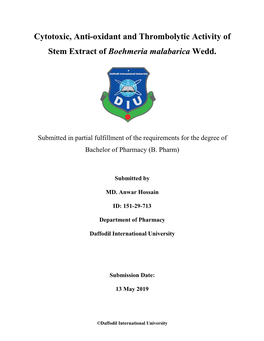 Cytotoxic, Anti-Oxidant and Thrombolytic Activity of Stem Extract of Boehmeria Malabarica Wedd