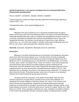 Apheloria Polychroma, a New Species of Millipede from the Cumberland Mountains (Polydesmida: Xystodesmidae) PAUL E. MAREK1*