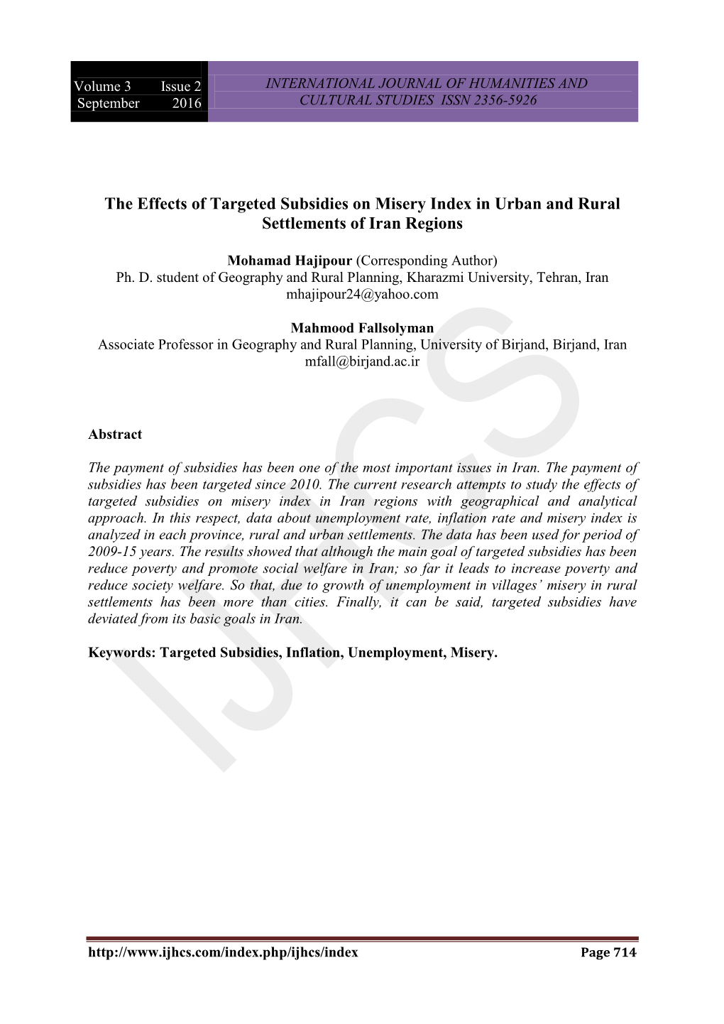 The Effects of Targeted Subsidies on Misery Index in Urban and Rural Settlements of Iran Regions
