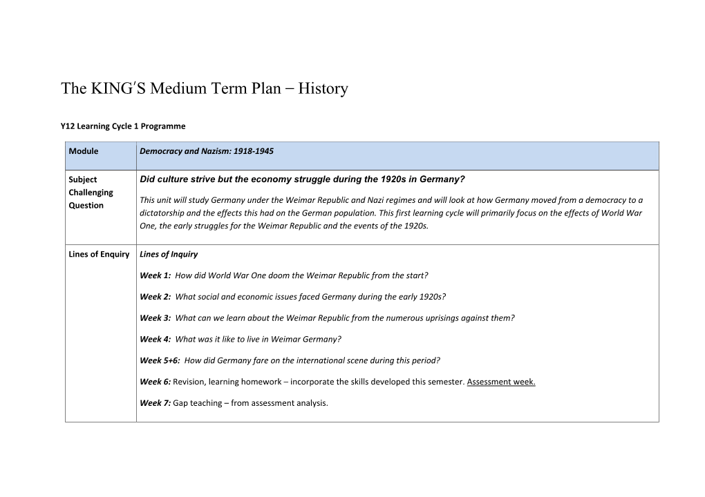 The KING's Medium Term Plan – History