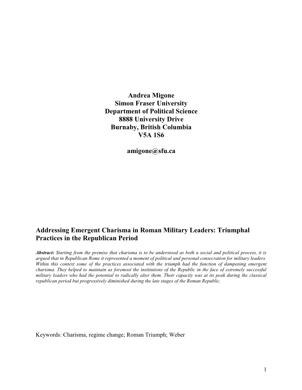 Addressing Emergent Charisma in Roman Military Leaders: Triumphal Practices in the Republican Period