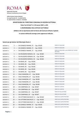 RIPARTIZIONE DEL TERRITORIO COMUNALE in SEZIONI ELETTORALI Visto L'art.34 Del T.U