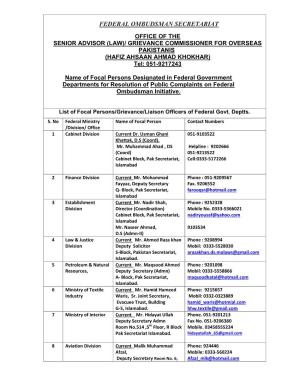 List of Focal Persons Appointed in Pakistan Missions for Instant Resolution of Public Complaints Against Federal