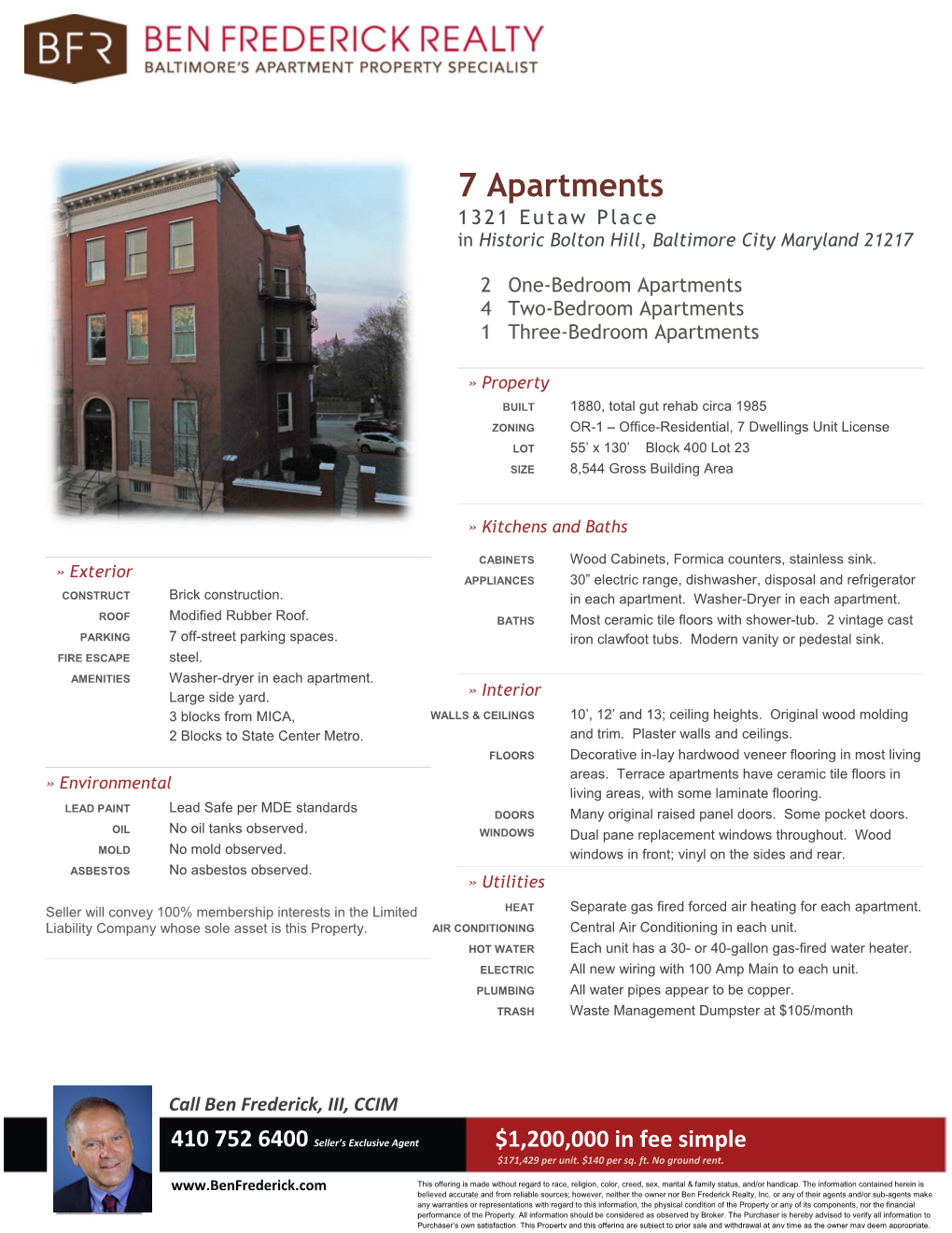 7 Apartments 1321 Eutaw Place in Historic Bolton Hill, Baltimore City Maryland 21217