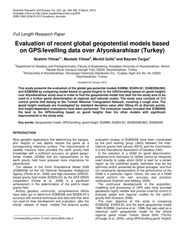 Evaluation of Recent Global Geopotential Models Based on GPS/Levelling Data Over Afyonkarahisar (Turkey)