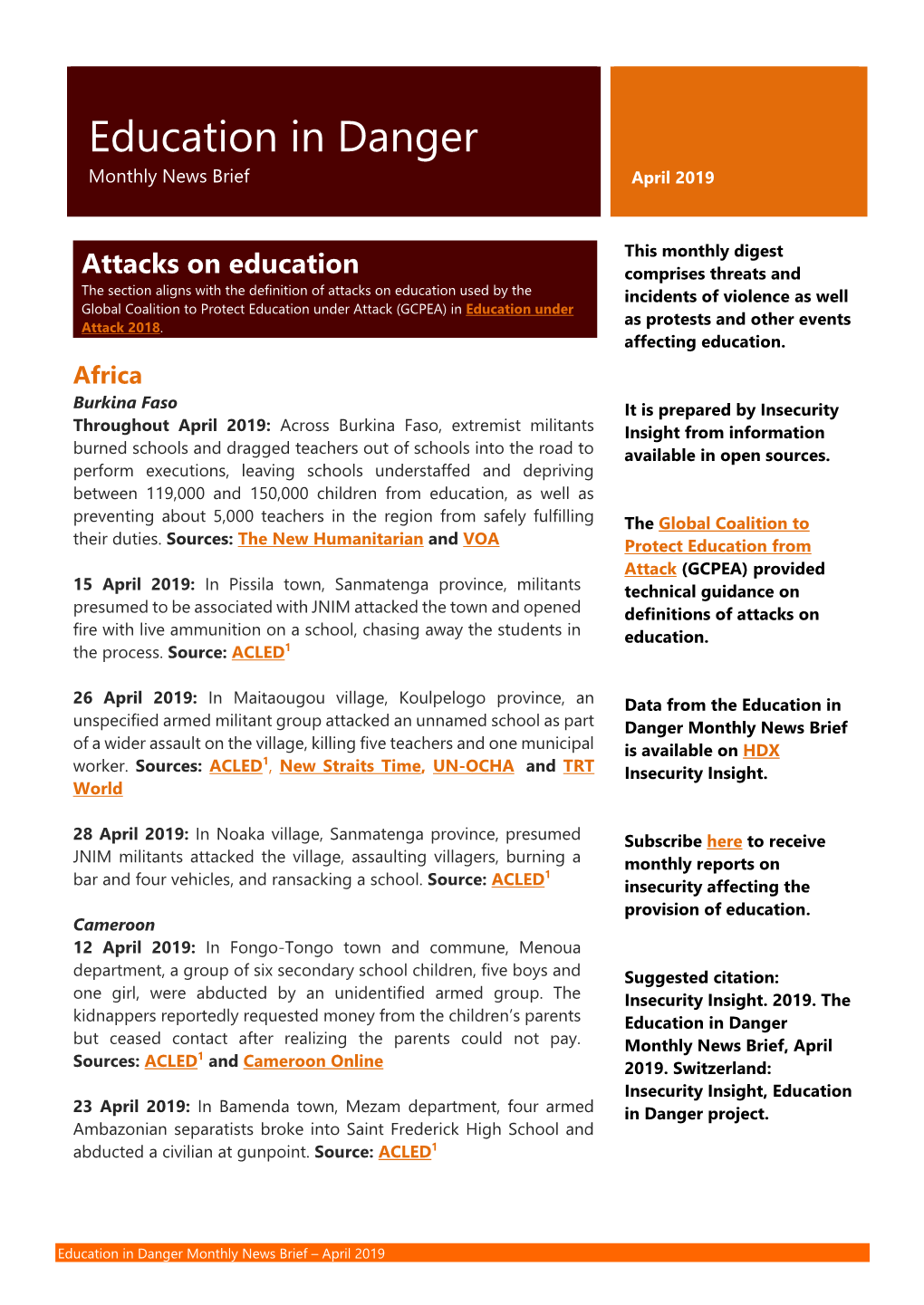 Education in Danger Monthly News Brief April 2019