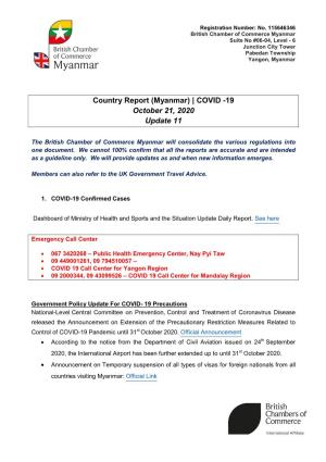 Country Report (Myanmar) | COVID -19 October 21, 2020 Update 11