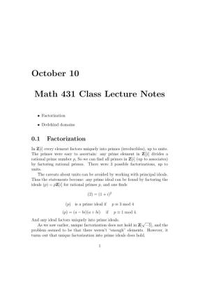 October 10 Math 431 Class Lecture Notes