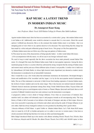 RAP MUSIC a LATEST TREND in MODERN INDIAN MUSIC Dr.Amanpreet Kaur Kang Asst