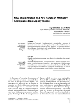 New Combinations and New Names in Malagasy Asclepiadoideae (Apocynaceae)