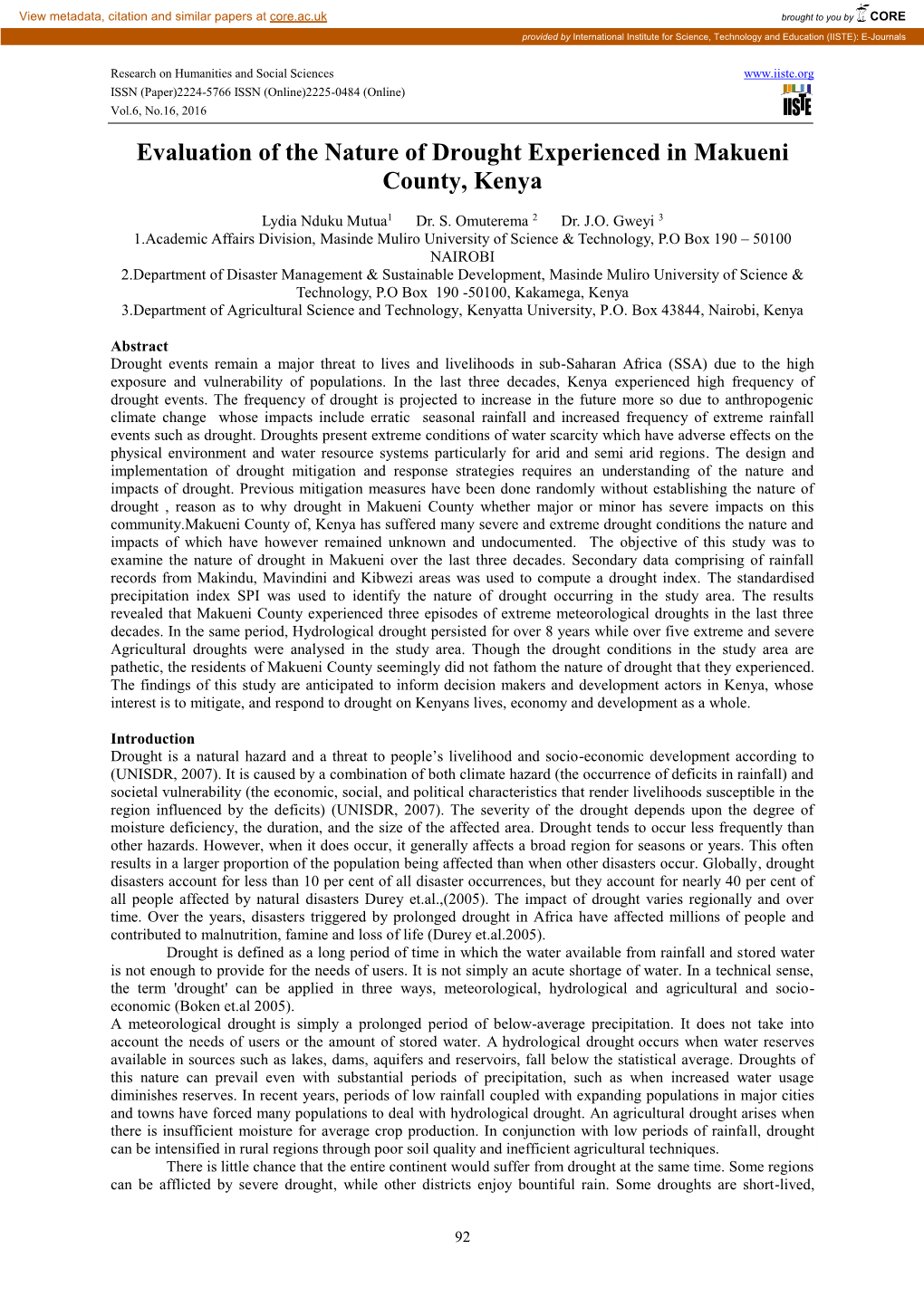 Evaluation of the Nature of Drought Experienced in Makueni County, Kenya