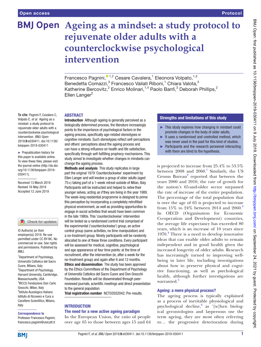 Ageing As a Mindset: a Study Protocol to Rejuvenate Older Adults with a Counterclockwise Psychological Intervention