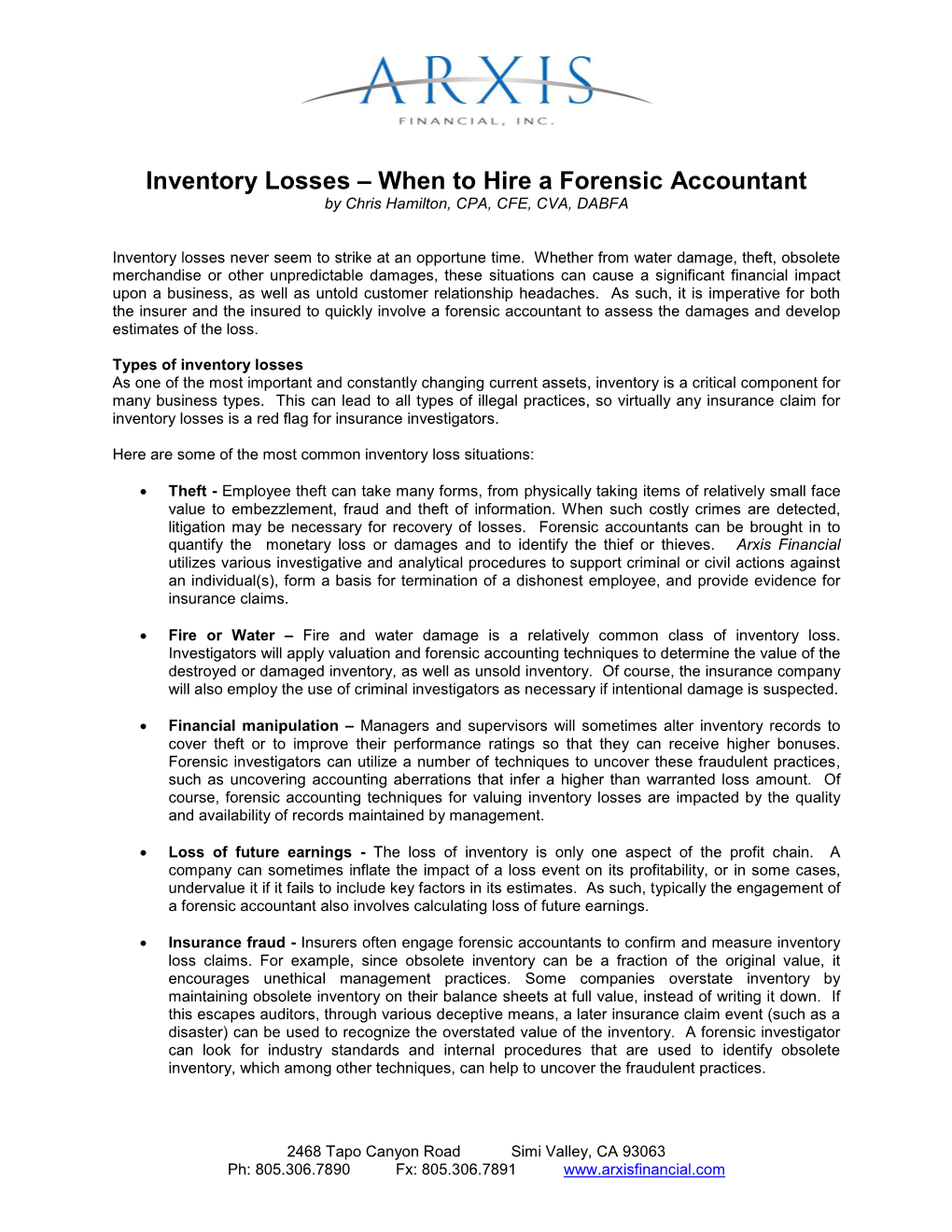 Inventory Losses – When to Hire a Forensic Accountant by Chris Hamilton, CPA, CFE, CVA, DABFA