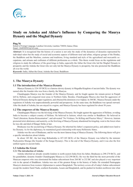 Study on Ashoka and Akbar's Influence by Comparing the Maurya Dynasty and the Mughal Dynasty