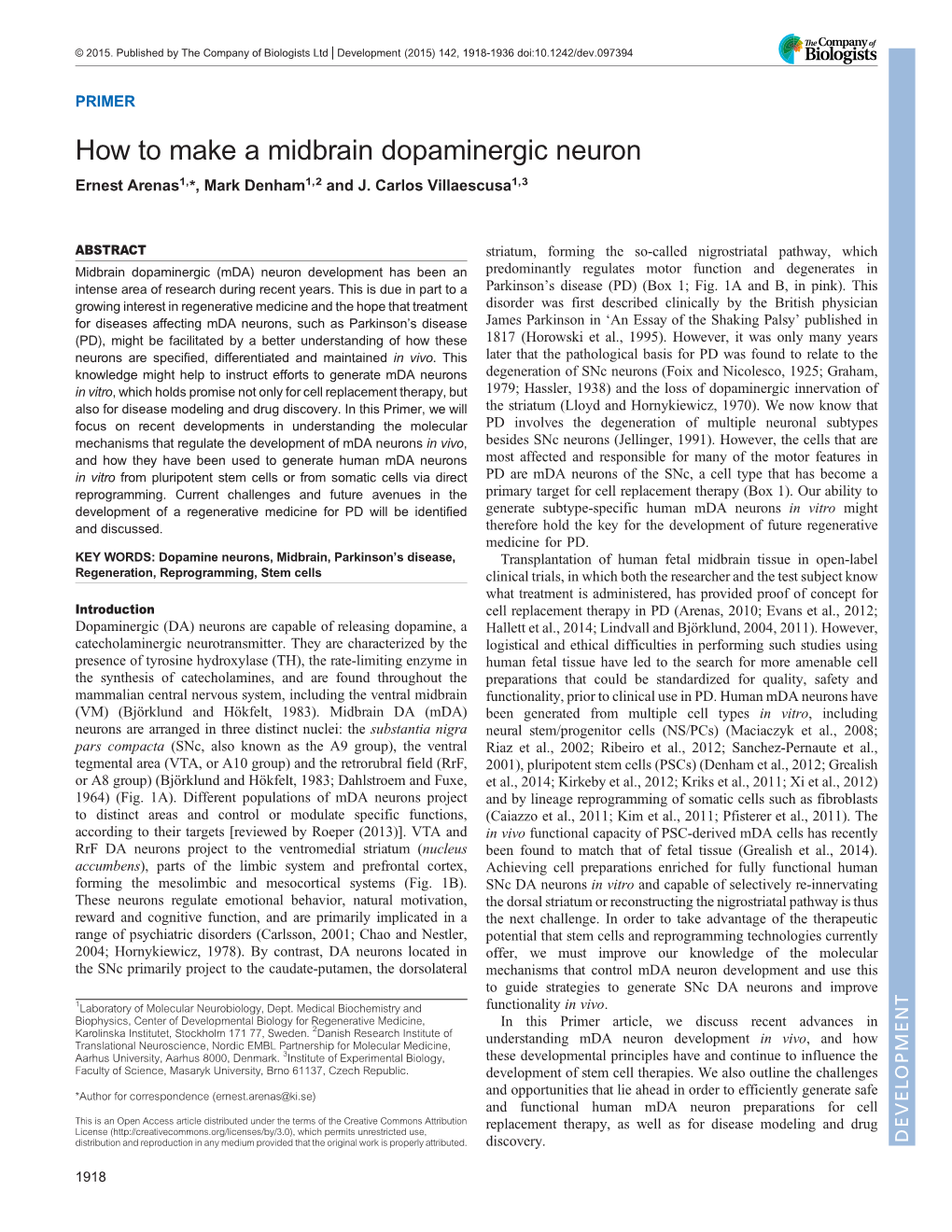 How to Make a Midbrain Dopaminergic Neuron Ernest Arenas1,*, Mark Denham1,2 and J