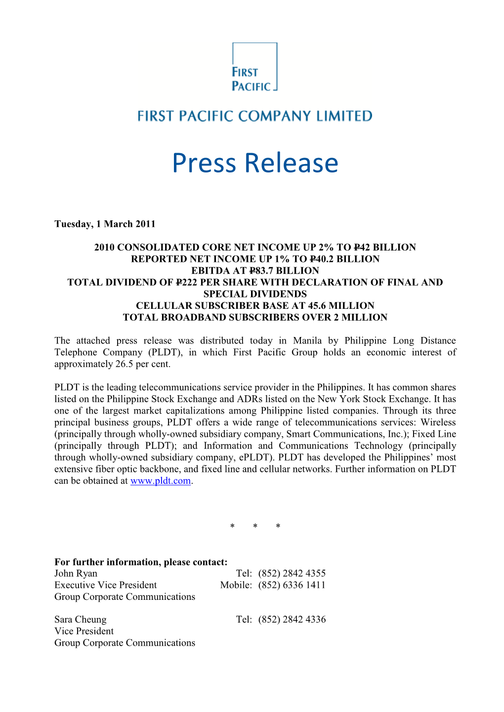 PLDT 2010 Consolidated Core Net