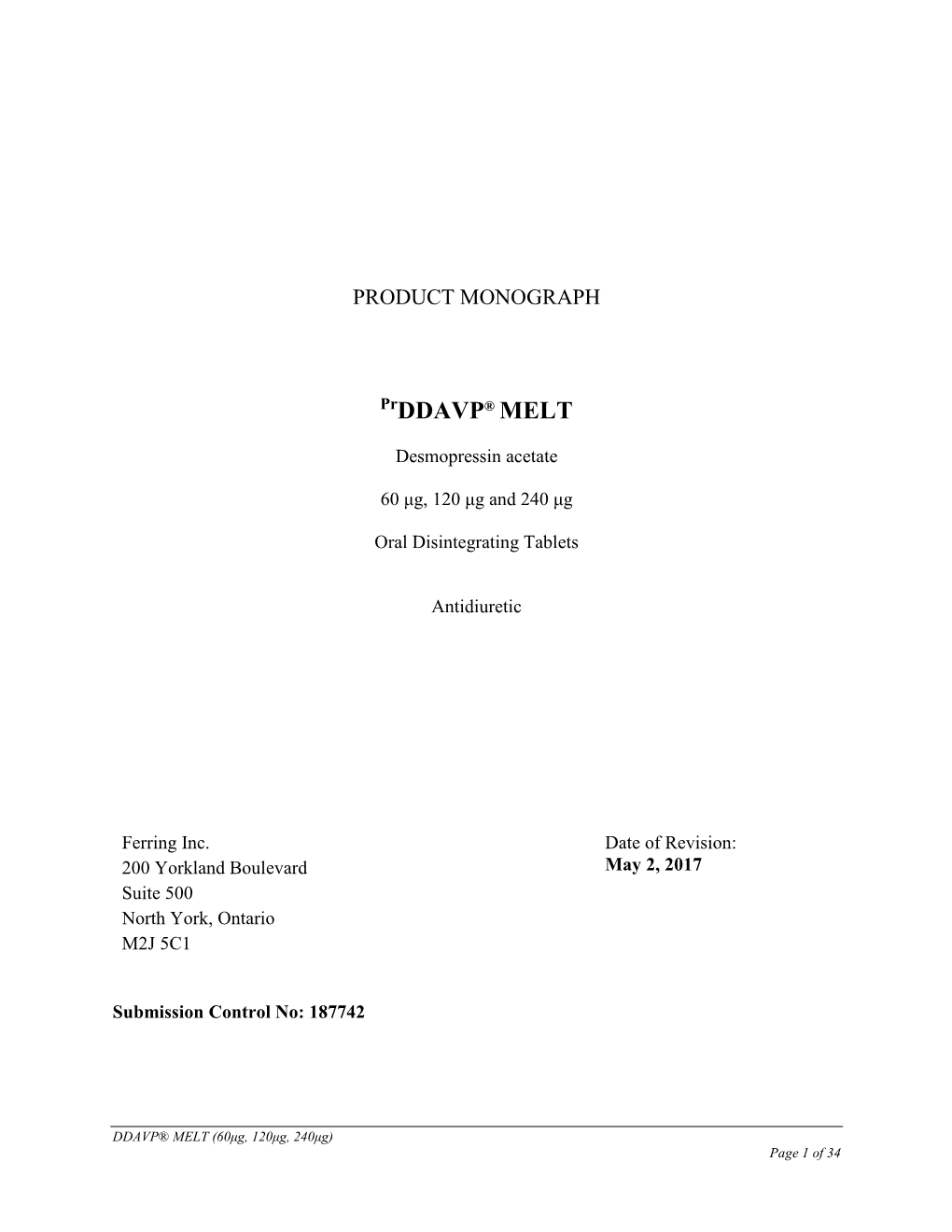 DDAVP® Melt Product Monograph