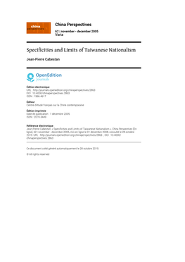 China Perspectives, 62 | November - December 2005 Specificities and Limits of Taiwanese Nationalism 2