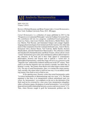 Review of Richard Kearney and Brian Treanor (Eds.), Carnal Hermeneutics, New York: Fordham University Press, 2015