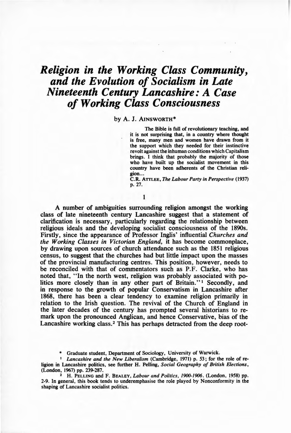 Religion in the Working Class Community, and the Evolution of Socialism in Late Nineteenth Century Lancashire: a Case of Working Class Consciousness