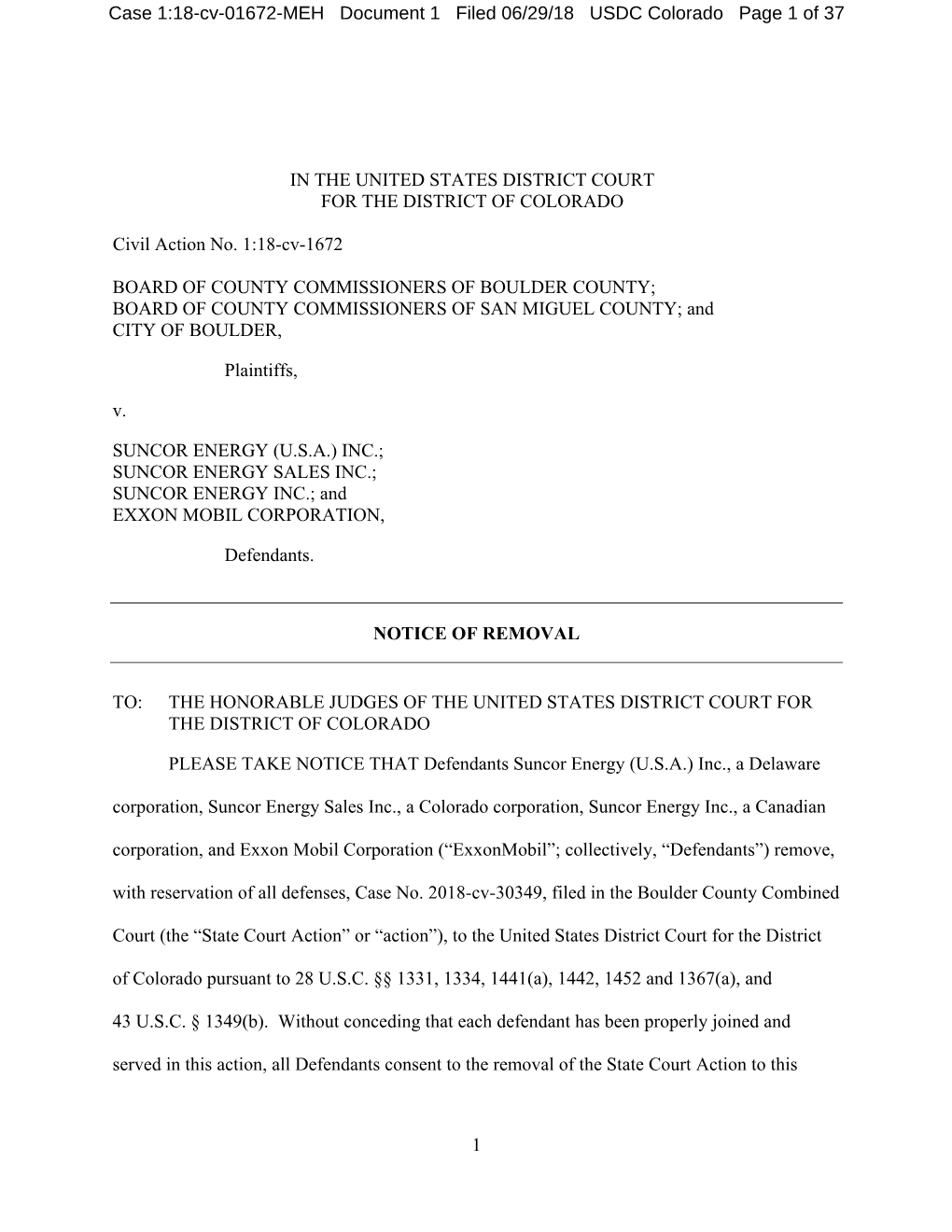 Case 1:18-Cv-01672-MEH Document 1 Filed 06/29/18 USDC Colorado Page 1 of 37