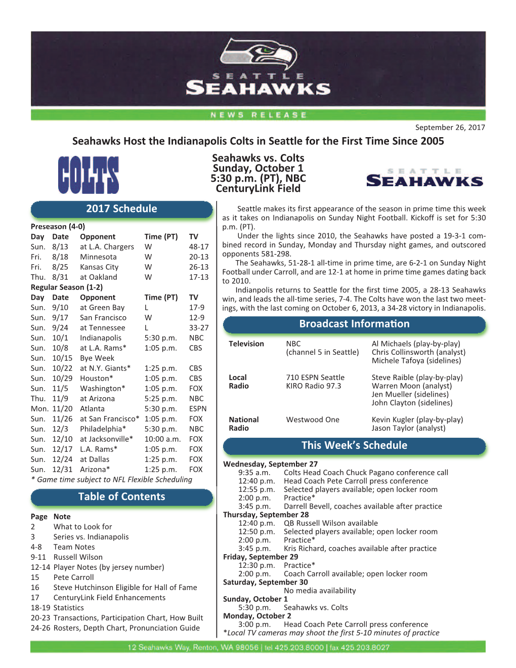 NBC Centurylink Field Seahawks Host the Indianapolis Colts In