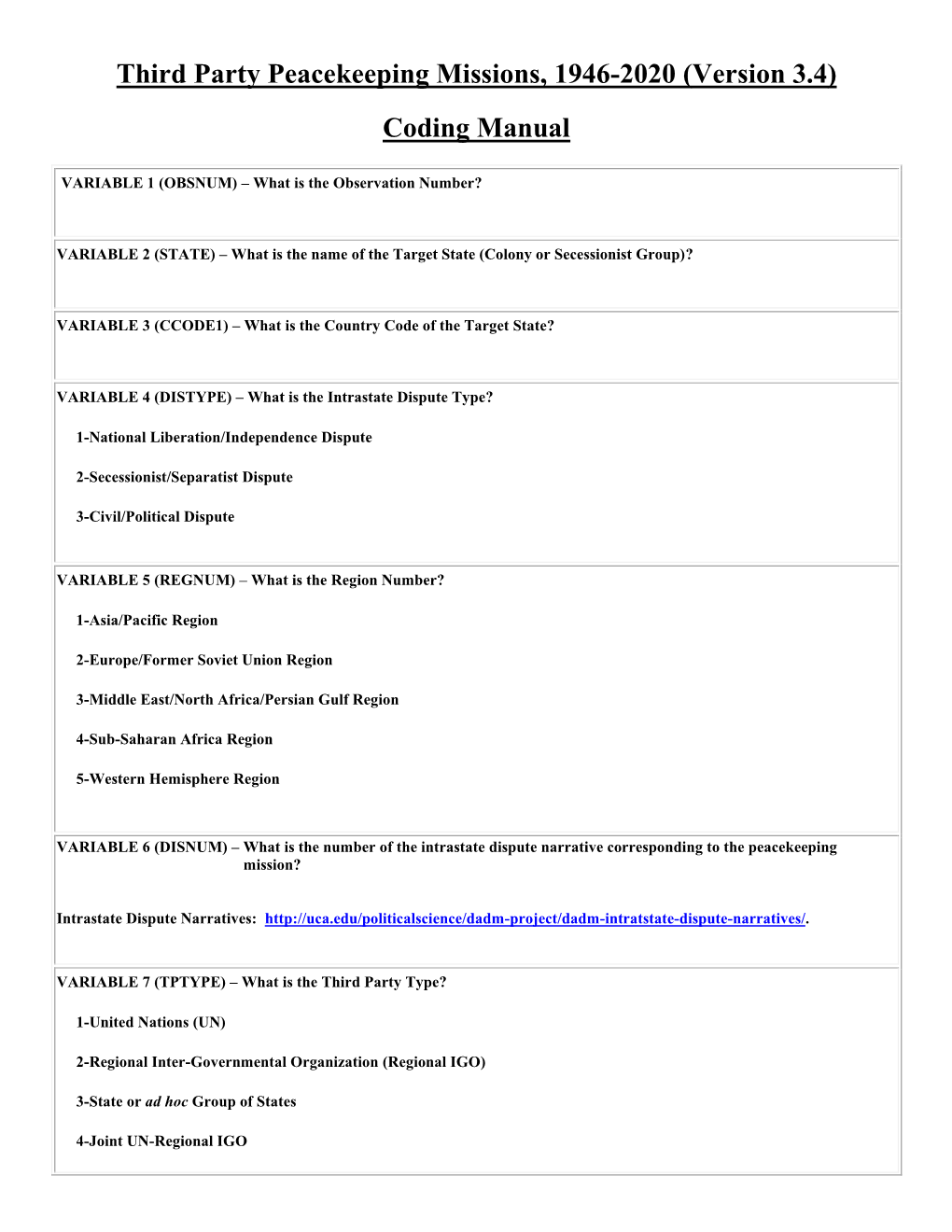 Third Party Peacekeeping Missions, 1946-2020 (Version 3.4) Coding