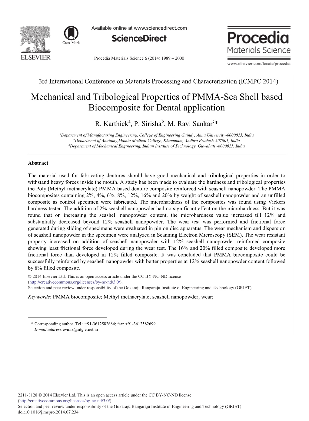 Mechanical and Tribological Properties of PMMA-Sea Shell Based Biocomposite for Dental Application