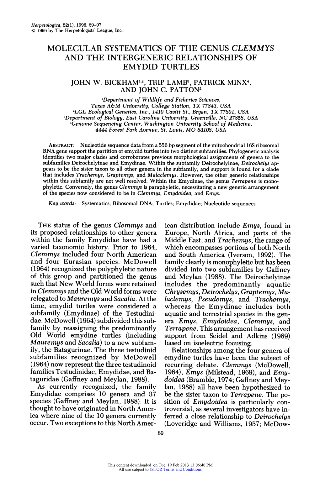 Molecular Systematics of the Genus Clemmys and the Intergeneric