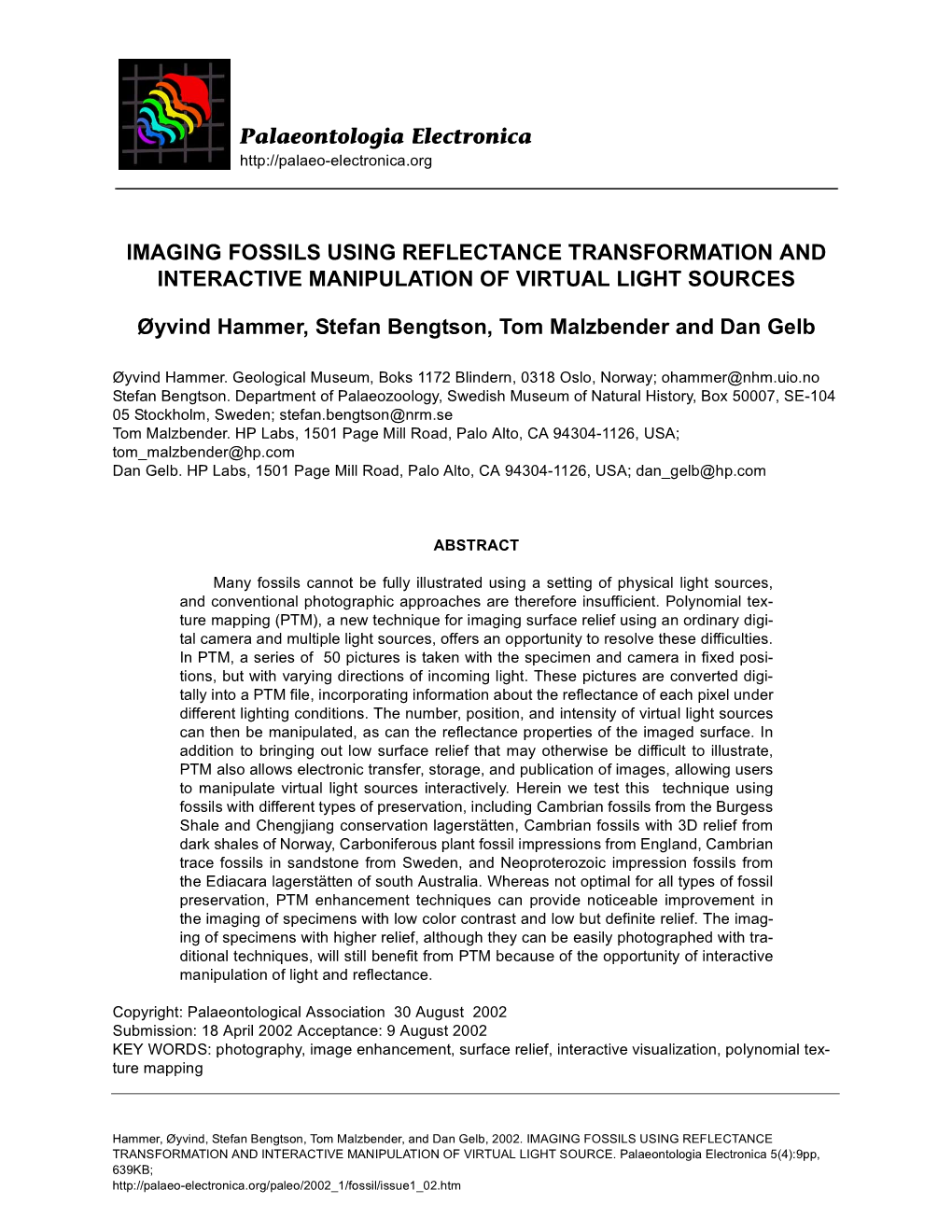 Imaging Fossils Using Reflectance Transformation and Interactive Manipulation of Virtual Light Sources