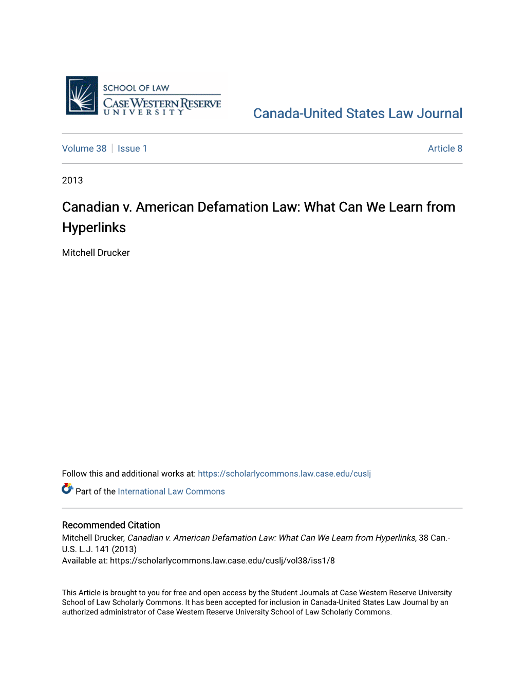 Canadian V. American Defamation Law: What Can We Learn from Hyperlinks