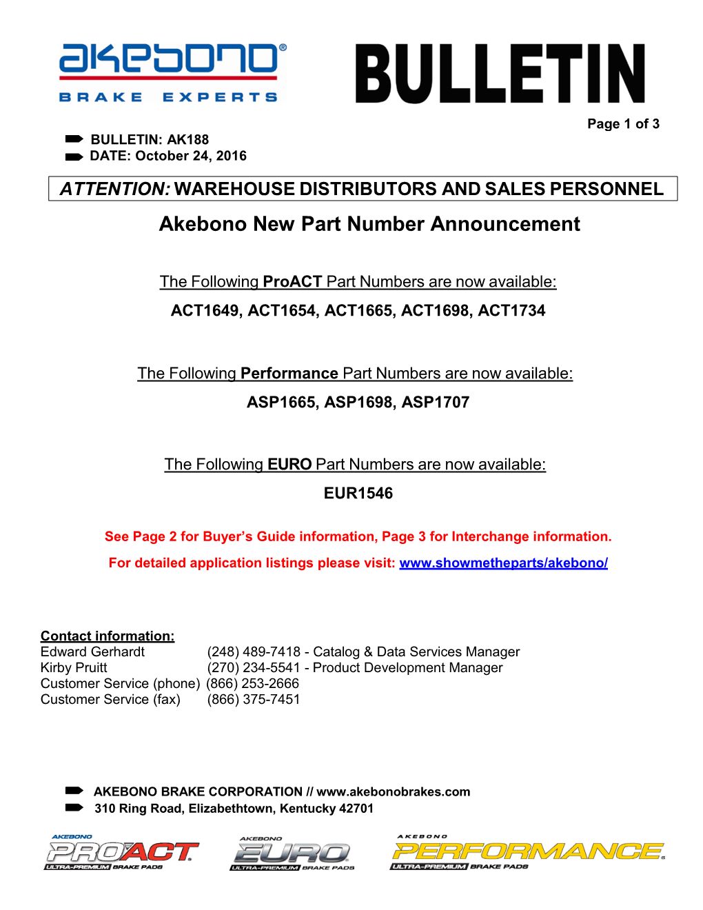 Akebono New Part Number Announcement
