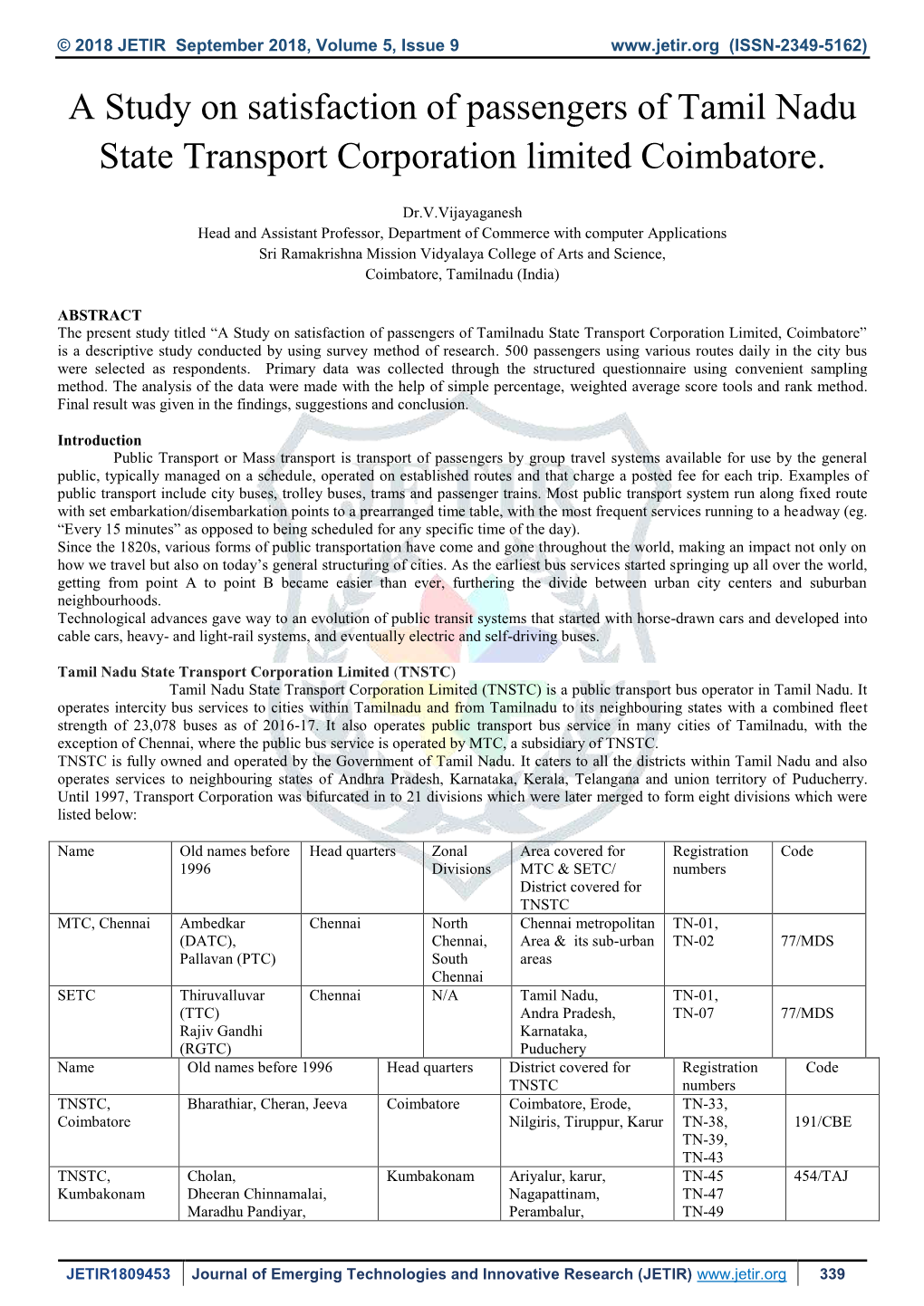 A Study on Satisfaction of Passengers of Tamil Nadu State Transport Corporation Limited Coimbatore