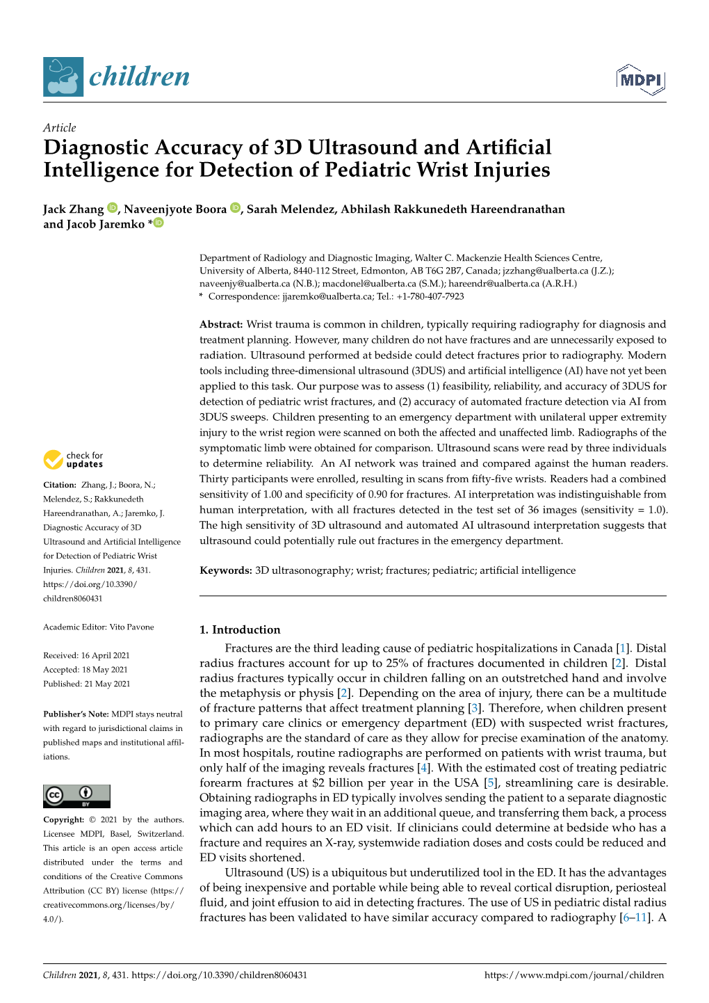 Diagnostic Accuracy of 3D Ultrasound and Artificial Intelligence For