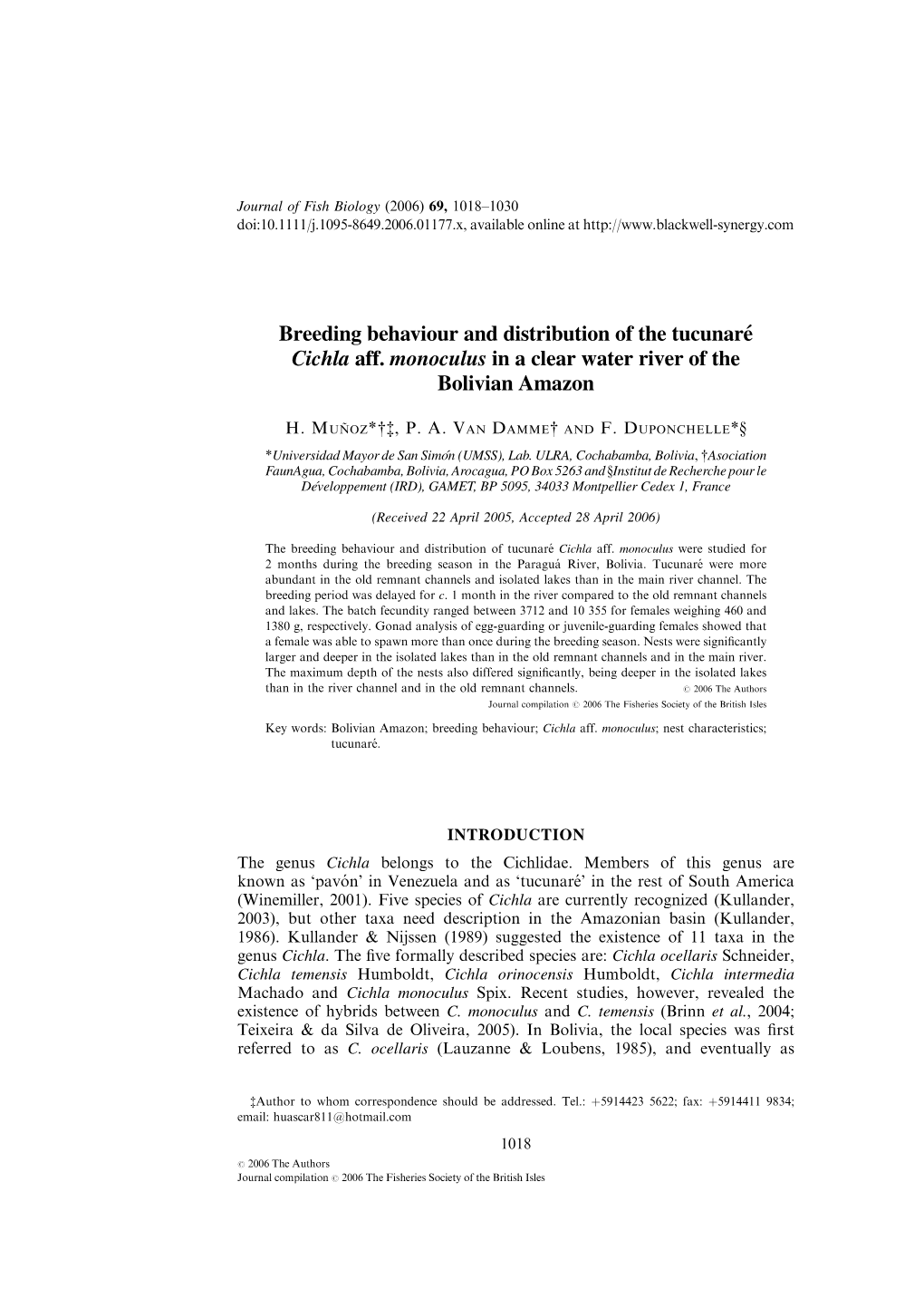 Breeding Behaviour and Distribution of the Tucunarécichla Aff. Monoculus