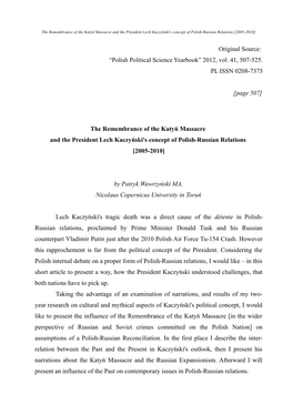 The Remembrance of the Katyń Massacre and the President Lech Kaczyński's Concept of Polish-Russian Relations [2005-2010]