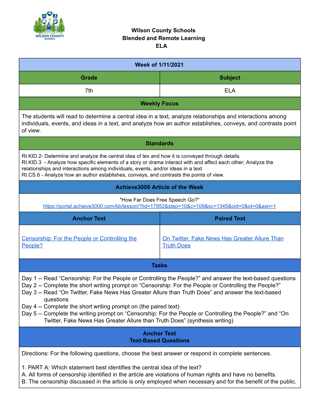 Wilson County Schools Blended and Remote Learning ELA Week of 1/11