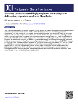 Mannose Corrects Altered N-Glycosylation in Carbohydrate- Deficient Glycoprotein Syndrome Fibroblasts