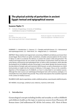 The Physical Activity of Parturition in Ancient Egypt: Textual and Epigraphical Sources